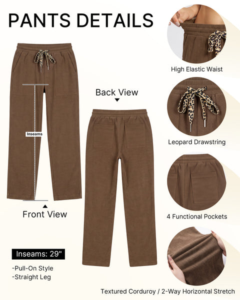 GRAPENT Corduroy Pants Women Straight Leg Leopard Print Drawstring Trousers High Waisted Fit, Elastic Waist with Cheetah Print Drawstring, Easy Pull On Style, Casual Work Pants, Fall Winter Outfits
