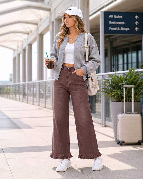 GRAPENT Wide Leg Jeans for Women Ruffle Hem High Waisted Ankle Denim Pants | Trendy Baggy Jeans, Stretch Denim, High Rise Fit, Cropped Jean Pants, 27.5 Inch Inseam, Flattering Ruffle Hem, Weekend Casual