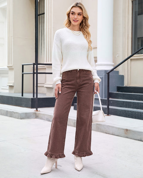 GRAPENT Wide Leg Jeans for Women Ruffle Hem High Waisted Ankle Denim Pants | Trendy Baggy Jeans, Stretch Denim, High Rise Fit, Cropped Jean Pants, 27.5 Inch Inseam, Flattering Ruffle Hem, Weekend Casual