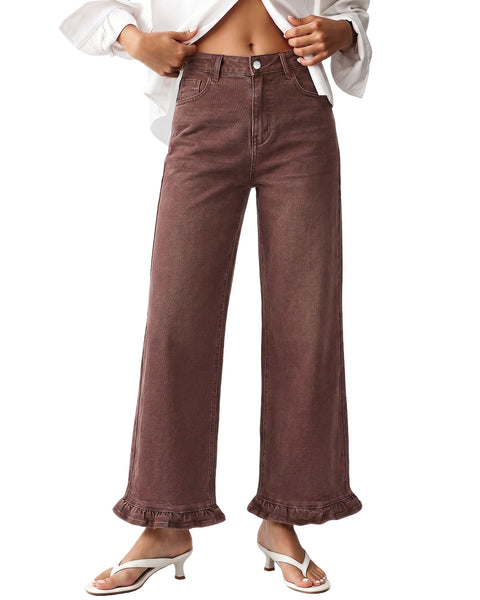 GRAPENT Wide Leg Jeans for Women Ruffle Hem High Waisted Ankle Denim Pants | Trendy Baggy Jeans, Stretch Denim, High Rise Fit, Cropped Jean Pants, 27.5 Inch Inseam, Flattering Ruffle Hem, Weekend Casual