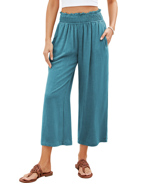 GRAPENT Capri Pants for Women High Waisted Wide Leg Linen Palazzo Trousers Pull On Elastic Smock Waist Loose Flowy Pants