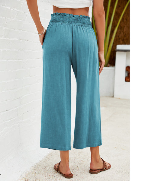 GRAPENT Capri Pants for Women High Waisted Wide Leg Linen Palazzo Trousers Pull On Elastic Smock Waist Loose Flowy Pants