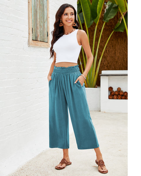 GRAPENT Capri Pants for Women High Waisted Wide Leg Linen Palazzo Trousers Pull On Elastic Smock Waist Loose Flowy Pants