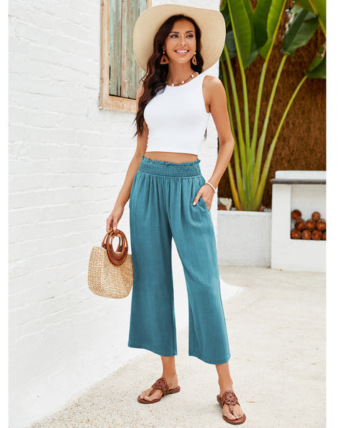GRAPENT Capri Pants for Women High Waisted Wide Leg Linen Palazzo Trousers Pull On Elastic Smock Waist Loose Flowy Pants