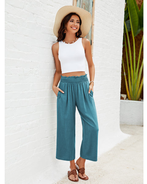 GRAPENT Capri Pants for Women High Waisted Wide Leg Linen Palazzo Trousers Pull On Elastic Smock Waist Loose Flowy Pants