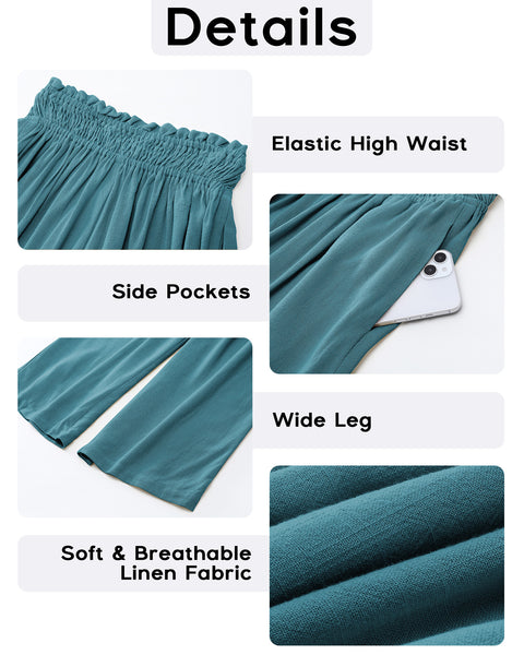 GRAPENT Capri Pants for Women High Waisted Wide Leg Linen Palazzo Trousers Pull On Elastic Smock Waist Loose Flowy Pants