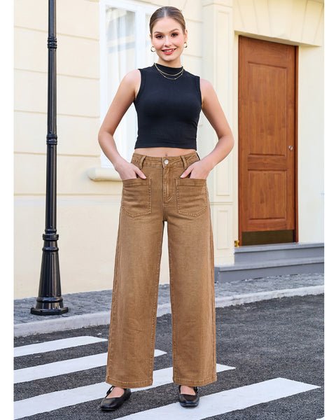 GRAPENT Womens Wide Leg Jeans High Waisted Stretch Denim Pants Patch Pocket | Effortless Wide Leg Silhouette, High Rise, 29.5 Inch Inseam, Full Length, Soft Stretch Denim, Jean Pants, Casual Work Outfits