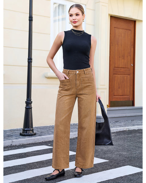 GRAPENT Womens Wide Leg Jeans High Waisted Stretch Denim Pants Patch Pocket | Effortless Wide Leg Silhouette, High Rise, 29.5 Inch Inseam, Full Length, Soft Stretch Denim, Jean Pants, Casual Work Outfits