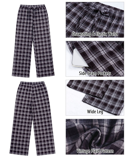 GRAPENT Plaid Pants for Women Wide Leg Elastic Waist Baggy Pull On Trousers | Tartan Pattern, High Waisted with Adjustable Drawstring, Casual Pants with Pockets, Relaxed Fit, For Daily Wear, Fall Outfits