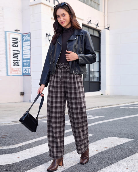 GRAPENT Barrel Pants Women Trendy Plaid High Waisted Pull On Ankle Trousers | Tapered Wide Leg Style, Elastic Waist with Adjustable Drawstring, Front Pockets, Work Office, Casual Fall Street Outfits