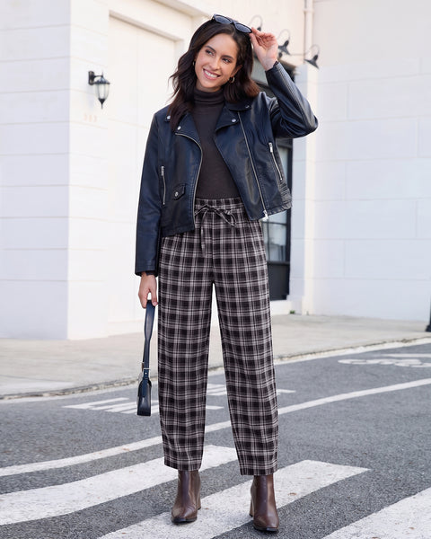 GRAPENT Barrel Pants Women Trendy Plaid High Waisted Pull On Ankle Trousers | Tapered Wide Leg Style, Elastic Waist with Adjustable Drawstring, Front Pockets, Work Office, Casual Fall Street Outfits