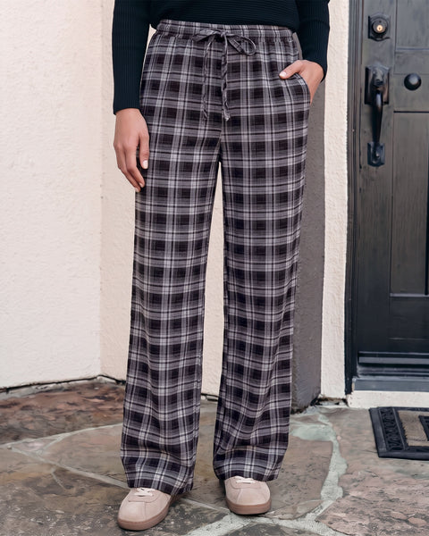 GRAPENT Plaid Pants for Women Wide Leg Elastic Waist Baggy Pull On Trousers | Tartan Pattern, High Waisted with Adjustable Drawstring, Casual Pants with Pockets, Relaxed Fit, For Daily Wear, Fall Outfits