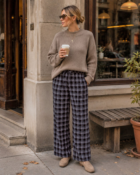 GRAPENT Plaid Pants for Women Wide Leg Elastic Waist Baggy Pull On Trousers | Tartan Pattern, High Waisted with Adjustable Drawstring, Casual Pants with Pockets, Relaxed Fit, For Daily Wear, Fall Outfits