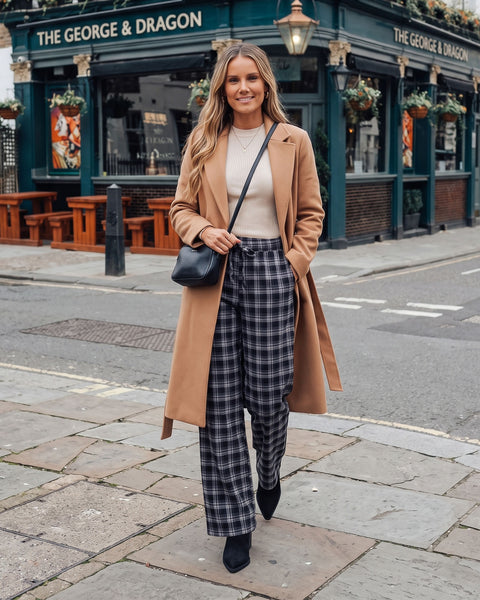 GRAPENT Plaid Pants for Women Wide Leg Elastic Waist Baggy Pull On Trousers | Tartan Pattern, High Waisted with Adjustable Drawstring, Casual Pants with Pockets, Relaxed Fit, For Daily Wear, Fall Outfits