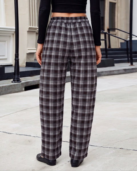 GRAPENT Barrel Pants Women Trendy Plaid High Waisted Pull On Ankle Trousers | Tapered Wide Leg Style, Elastic Waist with Adjustable Drawstring, Front Pockets, Work Office, Casual Fall Street Outfits
