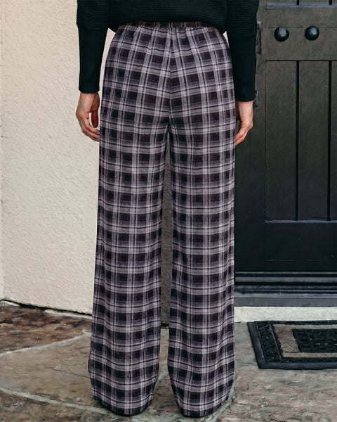GRAPENT Plaid Pants for Women Wide Leg Elastic Waist Baggy Pull On Trousers | Tartan Pattern, High Waisted with Adjustable Drawstring, Casual Pants with Pockets, Relaxed Fit, For Daily Wear, Fall Outfits