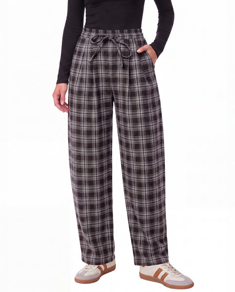 GRAPENT Barrel Pants Women Trendy Plaid High Waisted Pull On Ankle Trousers | Tapered Wide Leg Style, Elastic Waist with Adjustable Drawstring, Front Pockets, Work Office, Casual Fall Street Outfits