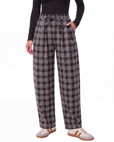 GRAPENT Barrel Pants Women Trendy Plaid High Waisted Pull On Ankle Trousers | Tapered Wide Leg Style, Elastic Waist with Adjustable Drawstring, Front Pockets, Work Office, Casual Fall Street Outfits