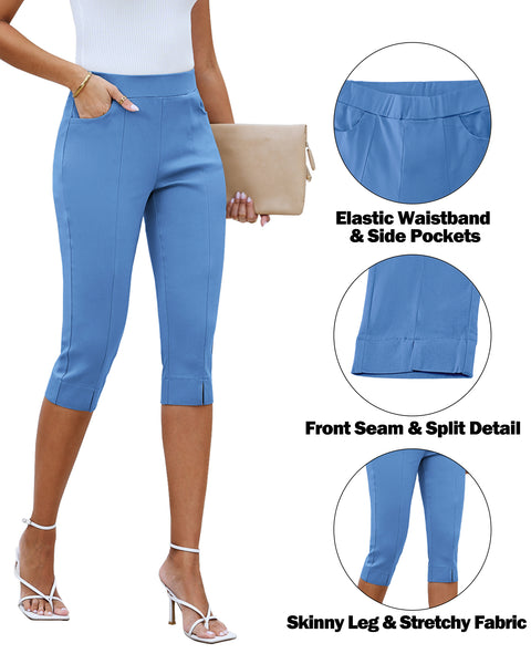 GRAPENT Capri Pants for Women High Waisted Pull On Elastic Waist Dressy Casual Stretchy Capris Trousers Pants Pockets
