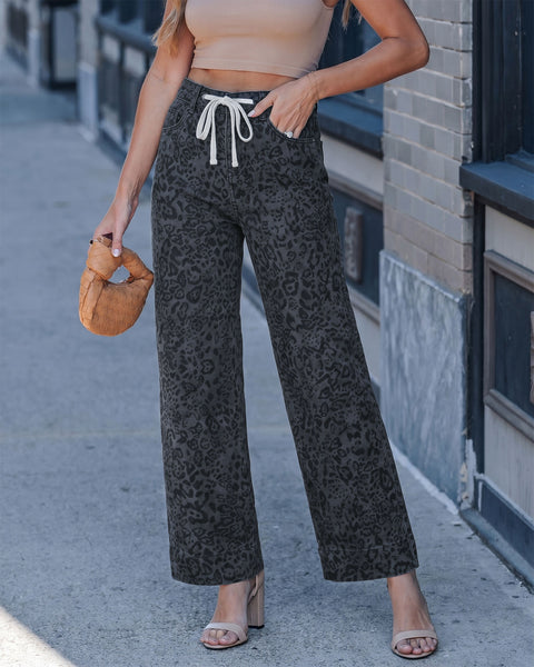 GRAPENT Leopard Jeans for Women Wide Leg High Waisted Cheetah Print Pants | High Rise, Drawstring Waist, Loose Straight Leg, Leopard Print Denim Pants, 28'' Inseam, Fit for Dressy Casual, Everyday Wear