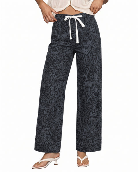 GRAPENT Leopard Jeans for Women Wide Leg High Waisted Cheetah Print Pants | High Rise, Drawstring Waist, Loose Straight Leg, Leopard Print Denim Pants, 28'' Inseam, Fit for Dressy Casual, Everyday Wear