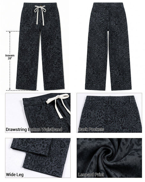 GRAPENT Leopard Jeans for Women Wide Leg High Waisted Cheetah Print Pants | High Rise, Drawstring Waist, Loose Straight Leg, Leopard Print Denim Pants, 28'' Inseam, Fit for Dressy Casual, Everyday Wear