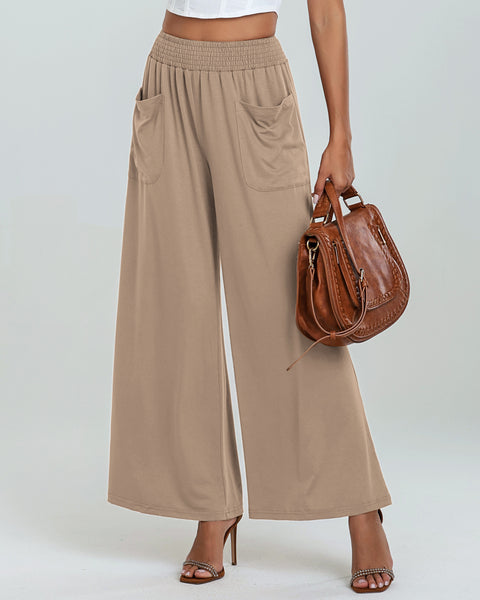 GRAPENT Wide Leg Pants for Women High Wasited Baggy Palazzo Pants Casual Pull On Bell Bottom Smocked Elastic Waist Pants