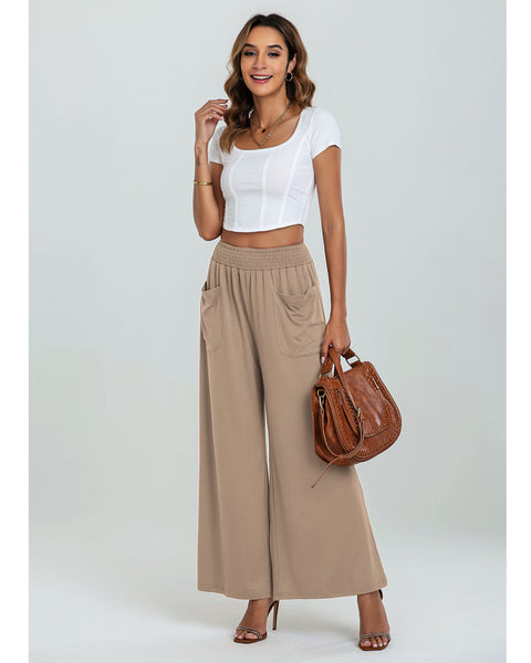 GRAPENT Wide Leg Pants for Women High Wasited Baggy Palazzo Pants Casual Pull On Bell Bottom Smocked Elastic Waist Pants