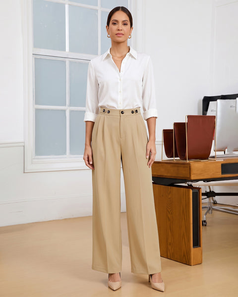 GRAPENT Business Casual Pants for Women Wide Leg Elastic Waist Work Trouser | Straight Wide Leg Dressy Casual Pants, High Waisted, Elastic Back Waist, Front Pleated, Cinched Waist, Work Office Outfits