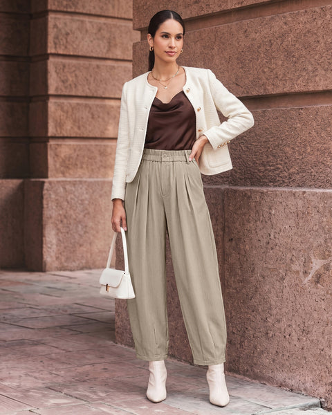 GRAPENT Dress Barrel Pants Women High Waisted Tapered Ankle Work Trousers Elastic Waist with Button-zip Closure, Pleated, 27" Inseam, 4 Pockets, Slacks for Women Business Casual, Work Office Outfits