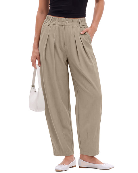 GRAPENT Dress Barrel Pants Women High Waisted Tapered Ankle Work Trousers Elastic Waist with Button-zip Closure, Pleated, 27" Inseam, 4 Pockets, Slacks for Women Business Casual, Work Office Outfits