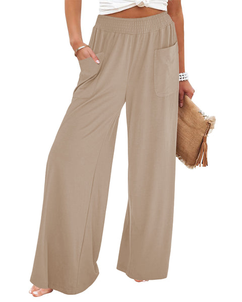 GRAPENT Wide Leg Pants for Women High Wasited Baggy Palazzo Pants Casual Pull On Bell Bottom Smocked Elastic Waist Pants