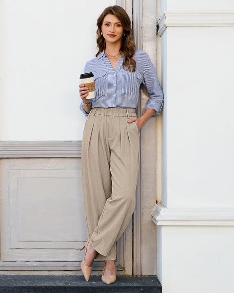 GRAPENT Dress Barrel Pants Women High Waisted Tapered Ankle Work Trousers Elastic Waist with Button-zip Closure, Pleated, 27" Inseam, 4 Pockets, Slacks for Women Business Casual, Work Office Outfits