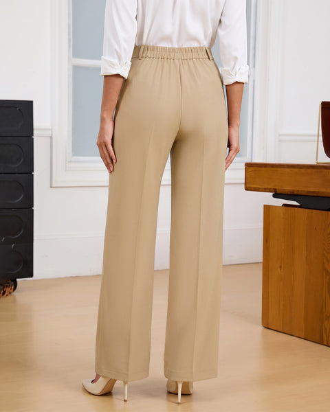 GRAPENT Business Casual Pants for Women Wide Leg Elastic Waist Work Trouser | Straight Wide Leg Dressy Casual Pants, High Waisted, Elastic Back Waist, Front Pleated, Cinched Waist, Work Office Outfits