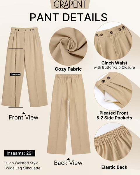 GRAPENT Business Casual Pants for Women Wide Leg Elastic Waist Work Trouser | Straight Wide Leg Dressy Casual Pants, High Waisted, Elastic Back Waist, Front Pleated, Cinched Waist, Work Office Outfits