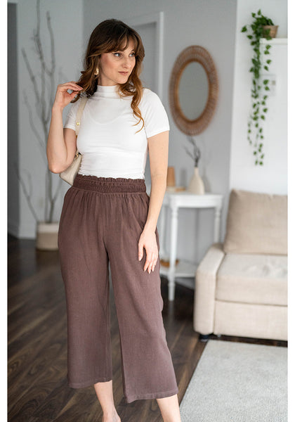 GRAPENT Capri Pants for Women High Waisted Wide Leg Linen Palazzo Trousers Pull On Elastic Smock Waist Loose Flowy Pants