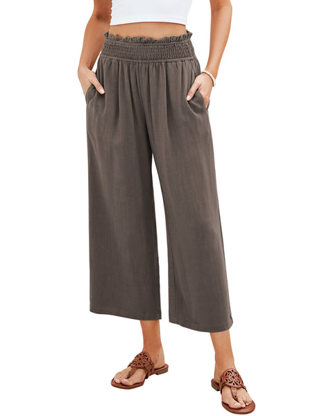 GRAPENT Capri Pants for Women High Waisted Wide Leg Linen Palazzo Trousers Pull On Elastic Smock Waist Loose Flowy Pants
