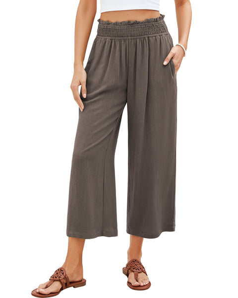 GRAPENT Capri Pants for Women High Waisted Wide Leg Linen Palazzo Trousers Pull On Elastic Smock Waist Loose Flowy Pants