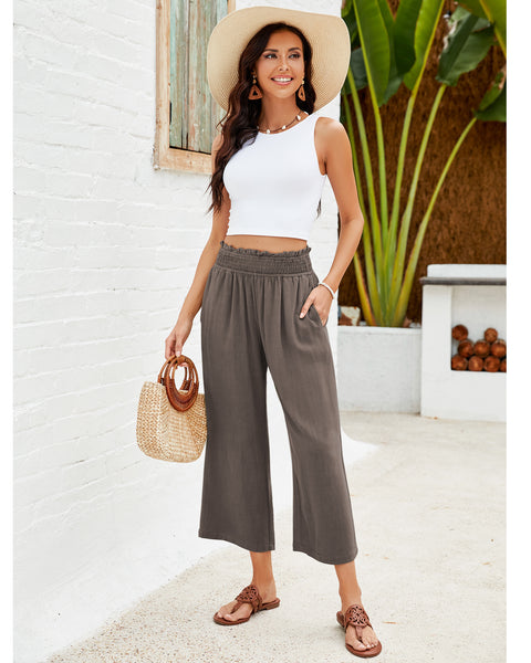 GRAPENT Capri Pants for Women High Waisted Wide Leg Linen Palazzo Trousers Pull On Elastic Smock Waist Loose Flowy Pants