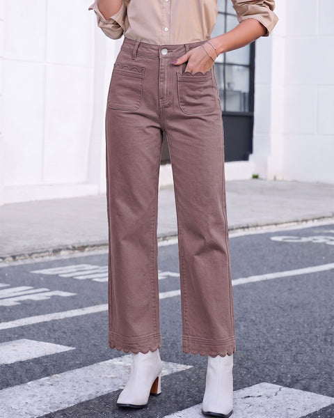 GRAPENT Jeans for Women Scalloped Straight Leg Ankle Stretchy Denim Pants | Straight Wide Leg Jeans, High Waisted, 27.5" Inseam, Patched Pockets, Cute Scalloped Design, Work Office, Dressy Casual Wear