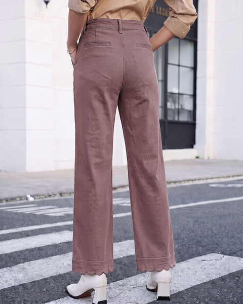 GRAPENT Jeans for Women Scalloped Straight Leg Ankle Stretchy Denim Pants | Straight Wide Leg Jeans, High Waisted, 27.5" Inseam, Patched Pockets, Cute Scalloped Design, Work Office, Dressy Casual Wear