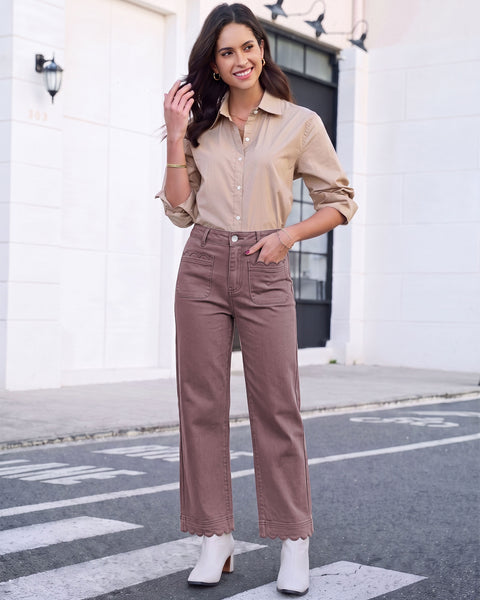 GRAPENT Jeans for Women Scalloped Straight Leg Ankle Stretchy Denim Pants | Straight Wide Leg Jeans, High Waisted, 27.5" Inseam, Patched Pockets, Cute Scalloped Design, Work Office, Dressy Casual Wear