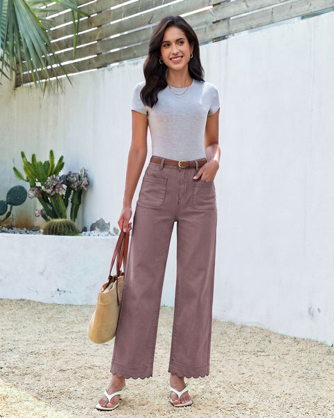 GRAPENT Jeans for Women Scalloped Straight Leg Ankle Stretchy Denim Pants | Straight Wide Leg Jeans, High Waisted, 27.5" Inseam, Patched Pockets, Cute Scalloped Design, Work Office, Dressy Casual Wear