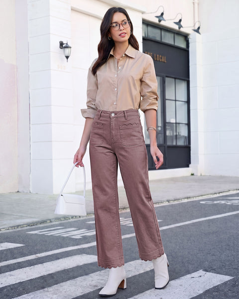 GRAPENT Jeans for Women Scalloped Straight Leg Ankle Stretchy Denim Pants | Straight Wide Leg Jeans, High Waisted, 27.5" Inseam, Patched Pockets, Cute Scalloped Design, Work Office, Dressy Casual Wear