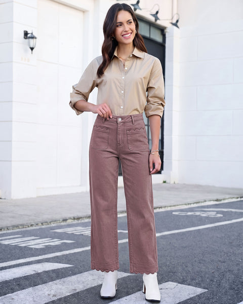 GRAPENT Jeans for Women Scalloped Straight Leg Ankle Stretchy Denim Pants | Straight Wide Leg Jeans, High Waisted, 27.5" Inseam, Patched Pockets, Cute Scalloped Design, Work Office, Dressy Casual Wear