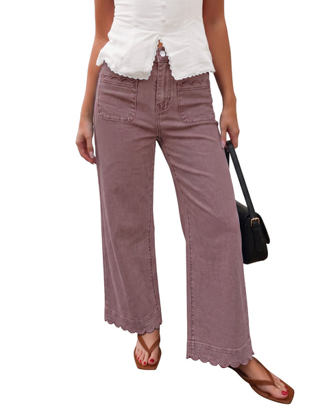 GRAPENT Jeans for Women Scalloped Straight Leg Ankle Stretchy Denim Pants | Straight Wide Leg Jeans, High Waisted, 27.5" Inseam, Patched Pockets, Cute Scalloped Design, Work Office, Dressy Casual Wear