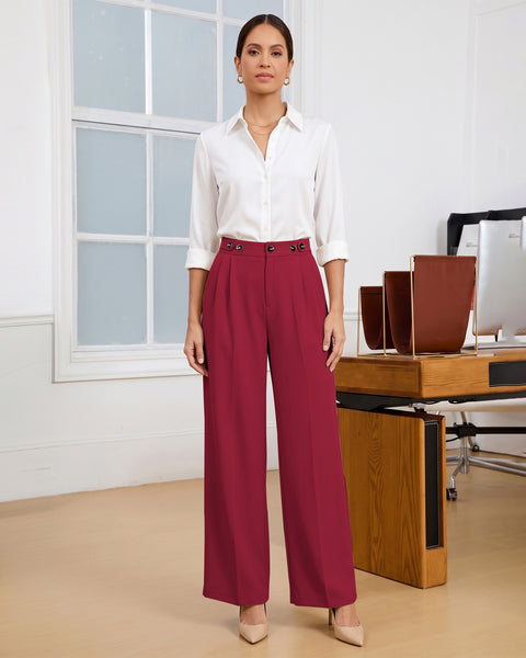 GRAPENT Business Casual Pants for Women Wide Leg Elastic Waist Work Trouser | Straight Wide Leg Dressy Casual Pants, High Waisted, Elastic Back Waist, Front Pleated, Cinched Waist, Work Office Outfits