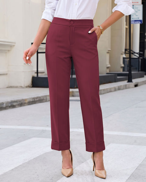 GRAPENT Dress Pants Women Ankle Straight Leg Business Casual Work Trousers Office Pants, Cuffed Hem, High Waisted, Elastic Back Waist, Stretchy Dressy Casual Slacks, Work Wear, Business Casual Outfits