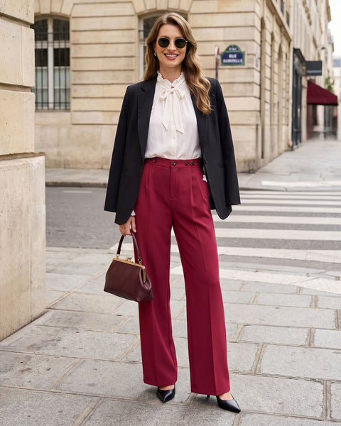 GRAPENT Business Casual Pants for Women Wide Leg Elastic Waist Work Trouser | Straight Wide Leg Dressy Casual Pants, High Waisted, Elastic Back Waist, Front Pleated, Cinched Waist, Work Office Outfits