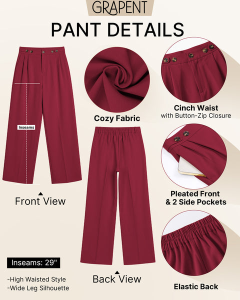 GRAPENT Business Casual Pants for Women Wide Leg Elastic Waist Work Trouser | Straight Wide Leg Dressy Casual Pants, High Waisted, Elastic Back Waist, Front Pleated, Cinched Waist, Work Office Outfits
